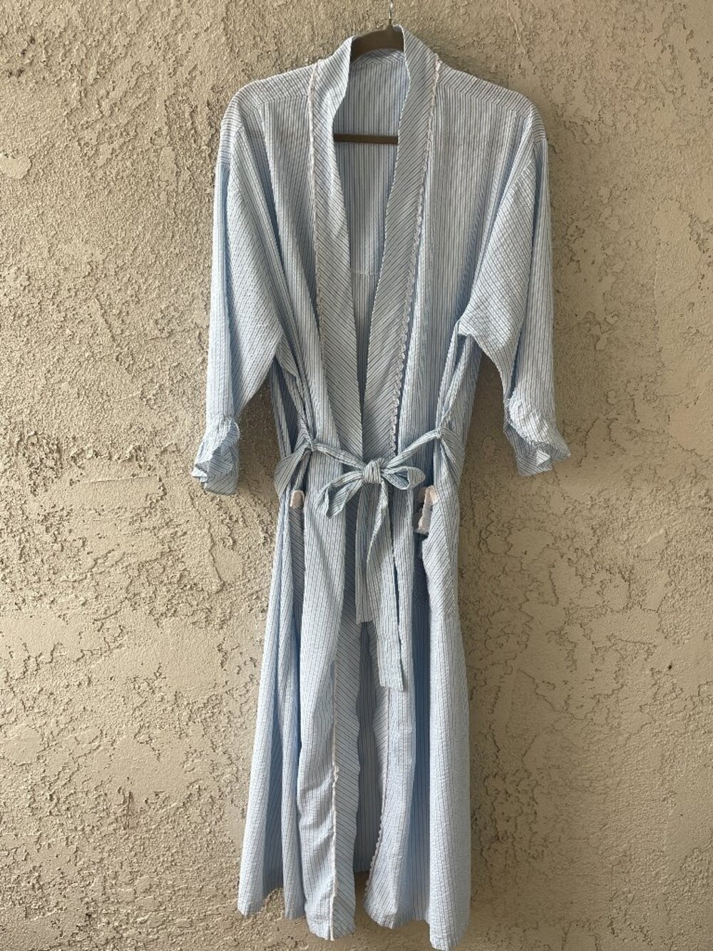 Women's Blue Striped Seersucker Kimono Robe Medium Cottagecore Grandmacore